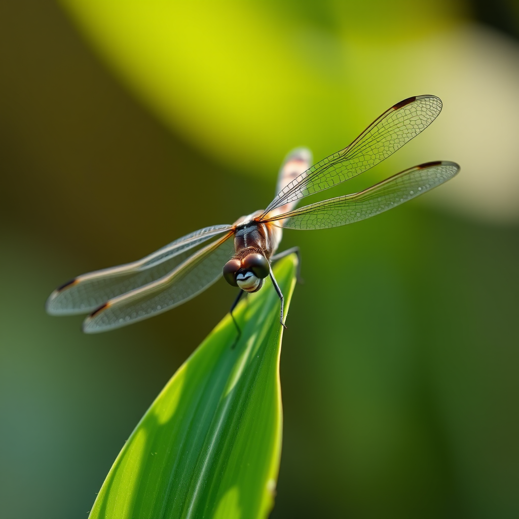 Ultra-realistic macro photography of a dragonfly perched on a leaf, with its delicate wings and detailed body clearly visible, soft natural lighting illuminating the intricate patterns on the wings and the vibrant colors of the leaf, ultra-high definition with crisp details, natural color palette with vibrant greens and the subtle hues of the dragonfly’s body, Canon EOS R5, 100mm macro lens, shallow depth of field with the background softly blurred to emphasize the dragonfly and the leaf.