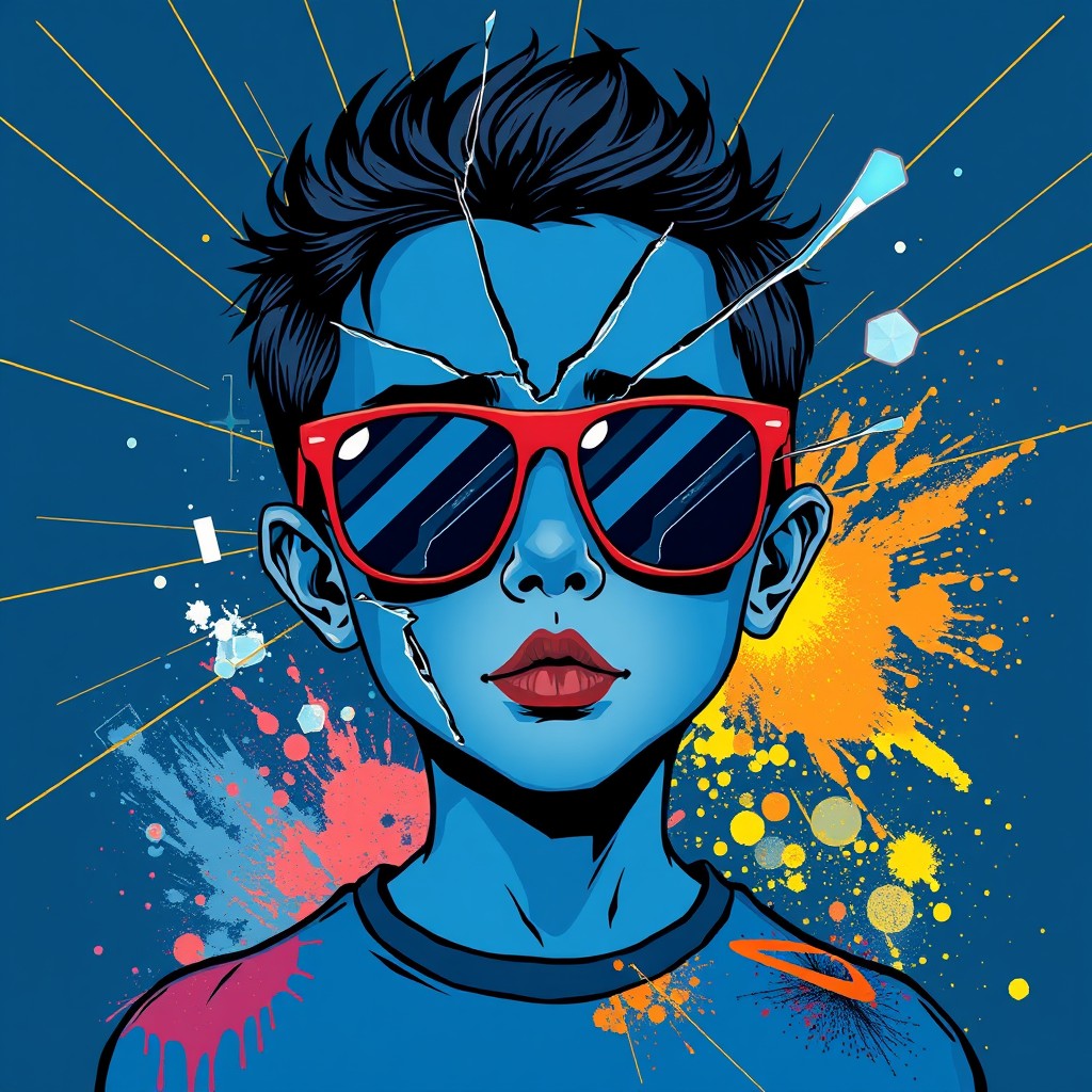 A boy with blue skin and an abstract broken face, wearing sunglasses, surrounded by glass breakage and gold lines on a dark blue background, with a colorful explosion of spilled powder. Illustration style, Andy Warhol style, Picasso style.