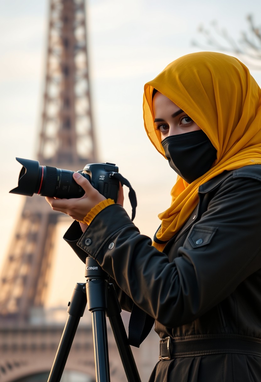 Biggest hijab yellow Muslim girl, beautiful eyes, face mask black, army leather jacket, biggest skirt, camera dslr canon, tripod, taking photos of Eiffel Tower, sunrise, morning scenery, hyper realistic, street photography. - Image