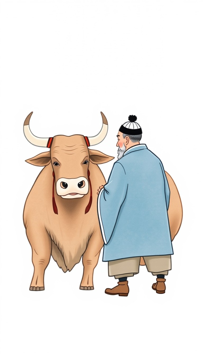 An elderly man in traditional Chinese clothing, facing a Chinese ox, illustrated in a picture book style with a simple, light white background. - Image