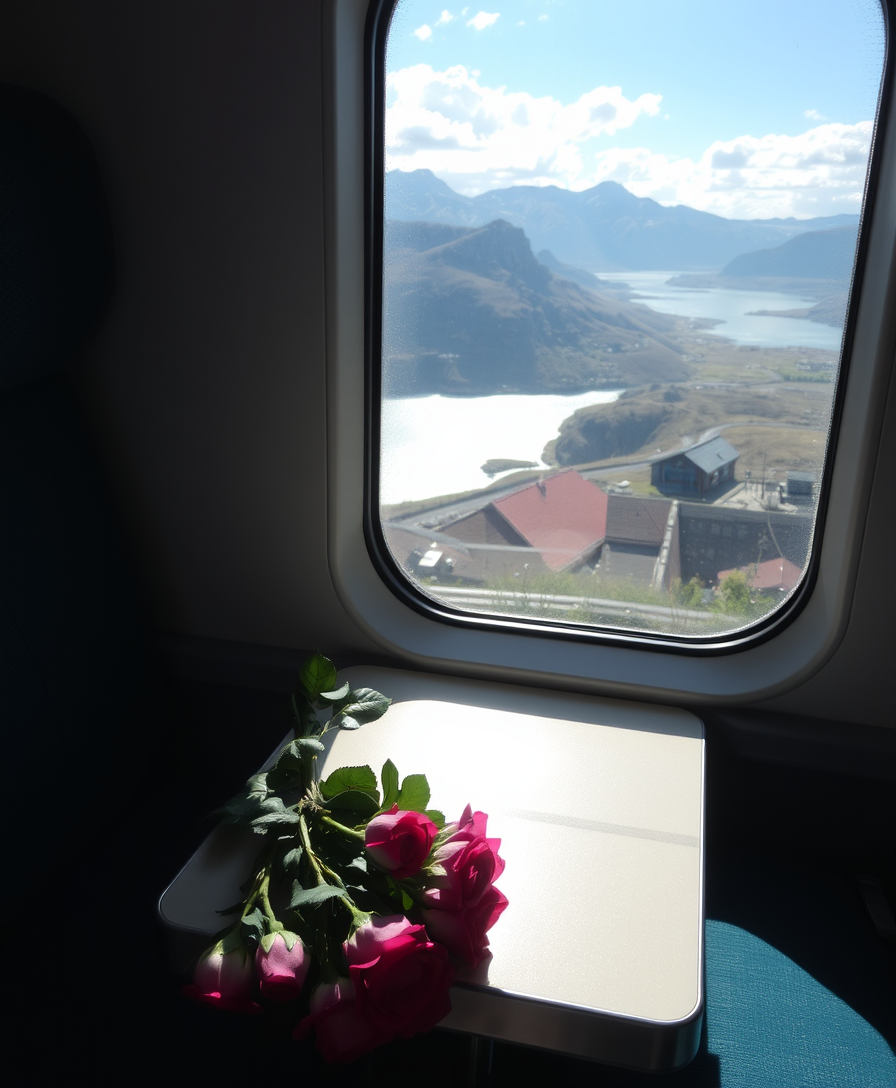 A cozy compartment, a bouquet of roses sitting on a table, stunning view outside the window.