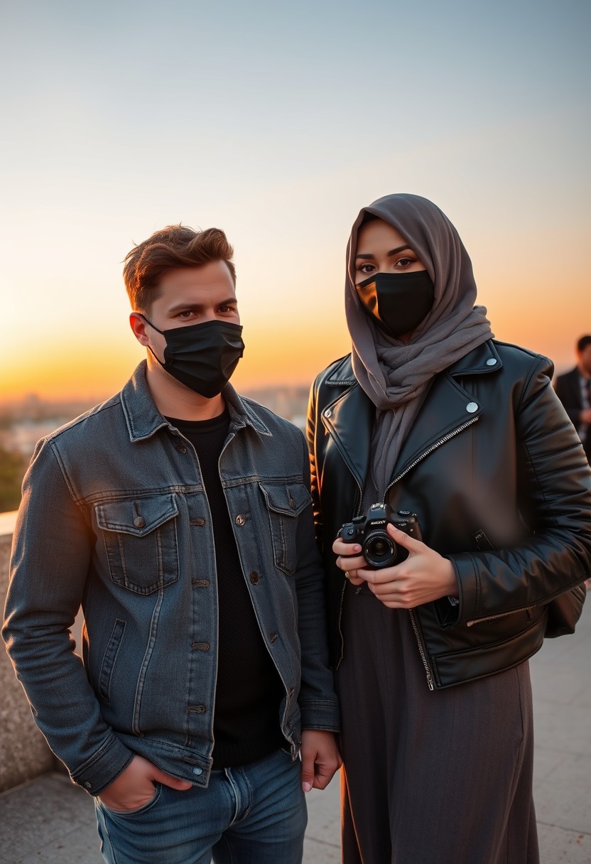 Jamie Dornan's head and body shot, handsome, black face mask, jeans jacket, jeans, dating, love couple, with the biggest gray hijab Muslim girl, black face mask, beautiful eyes, black leather jacket, largest skirt, taking a picture, Canon DSLR camera, sunset, hyper-realistic, street photography.