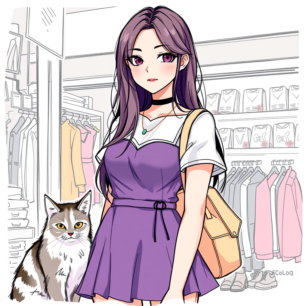 young women, nice outfit, short dress, whole, front face, with a cat sitting beside, background is a store, portrait sketches, [NAME] --sref 1337752005