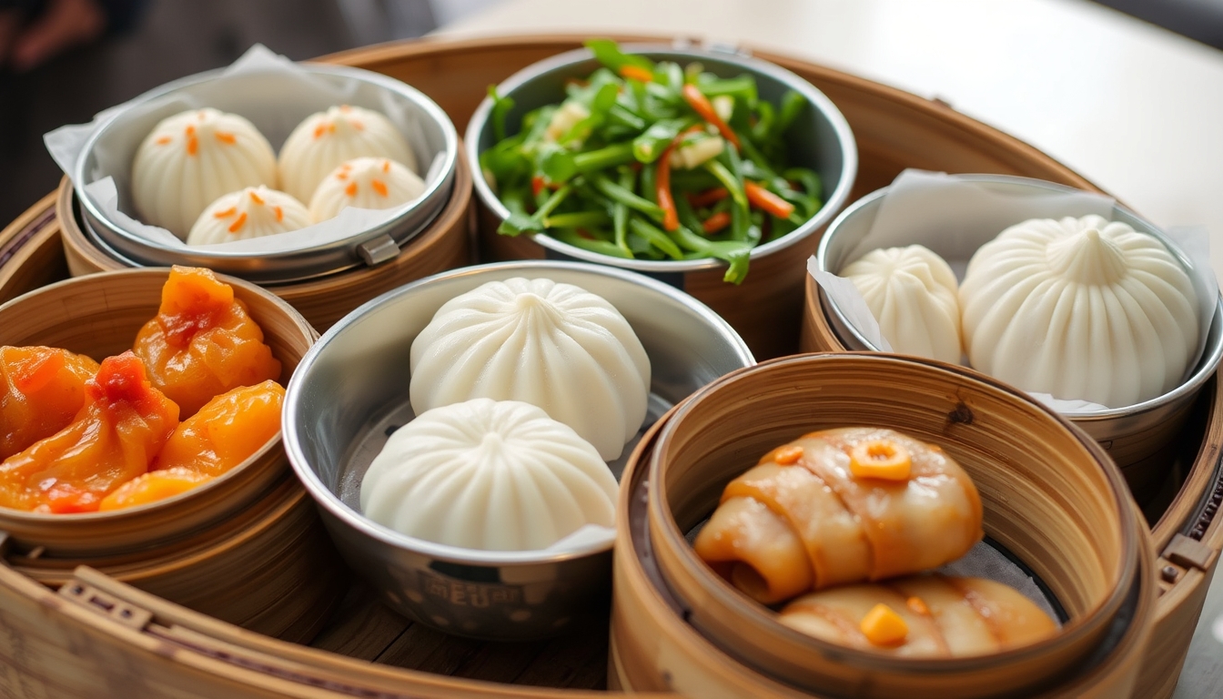 Assorted dim sum dishes in bamboo steamers, highlighting traditional Chinese cuisine.