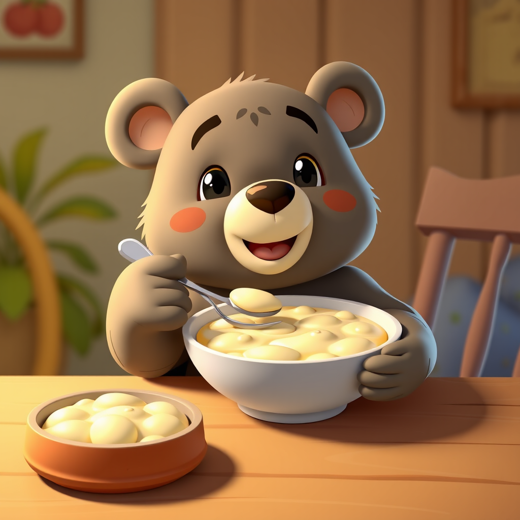 cute cartoon bear sitting at a table and eating porridge from a plate, holding a spoon in his paw. 3d cartoon style