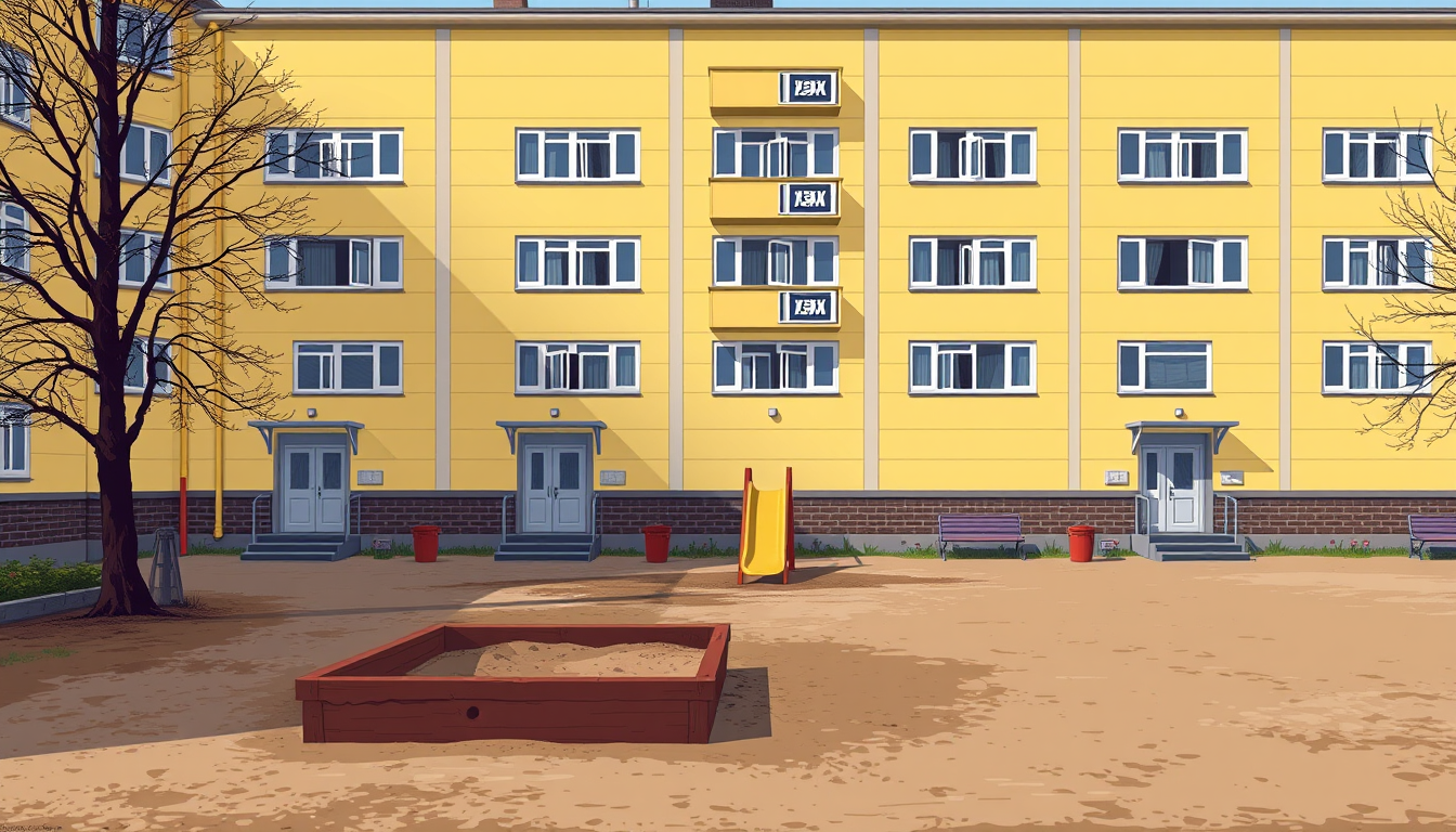 In pixel art style, an old Soviet courtyard with a yellow-paneled five-story building in the background featuring five entrances. In the foreground are a sandbox, a children's slide, garbage cans, and benches by the entrances.