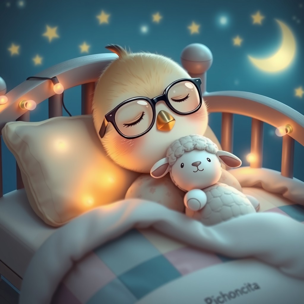 It's nighttime. A sweet, delicate, cute Kawaii little bird with a small, rounded beak is wearing glasses, resting its head on the pillow deeply asleep in its precious little bed with tiny jingle bells, flying, soft lights, and childlike details that have the name PICHONCITA written on them, wrapped in patchwork blankets, hugging a tiny, charming stuffed sheep. - Image