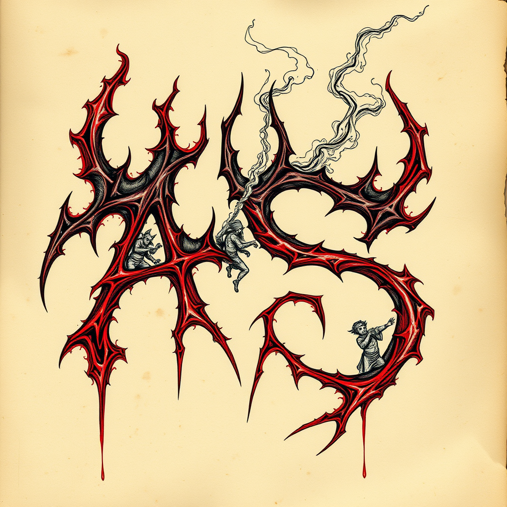 Intricately hand-drawn masculine demonic signature for initials AS, with jagged, flame-like strokes intertwining to form letters. Sinister red and black ink bleeds on aged parchment. Sulfurous smoke wisps rise, evoking medieval grimoires. Tiny, writhing figures trapped within the curves suggest tormented souls. - Image