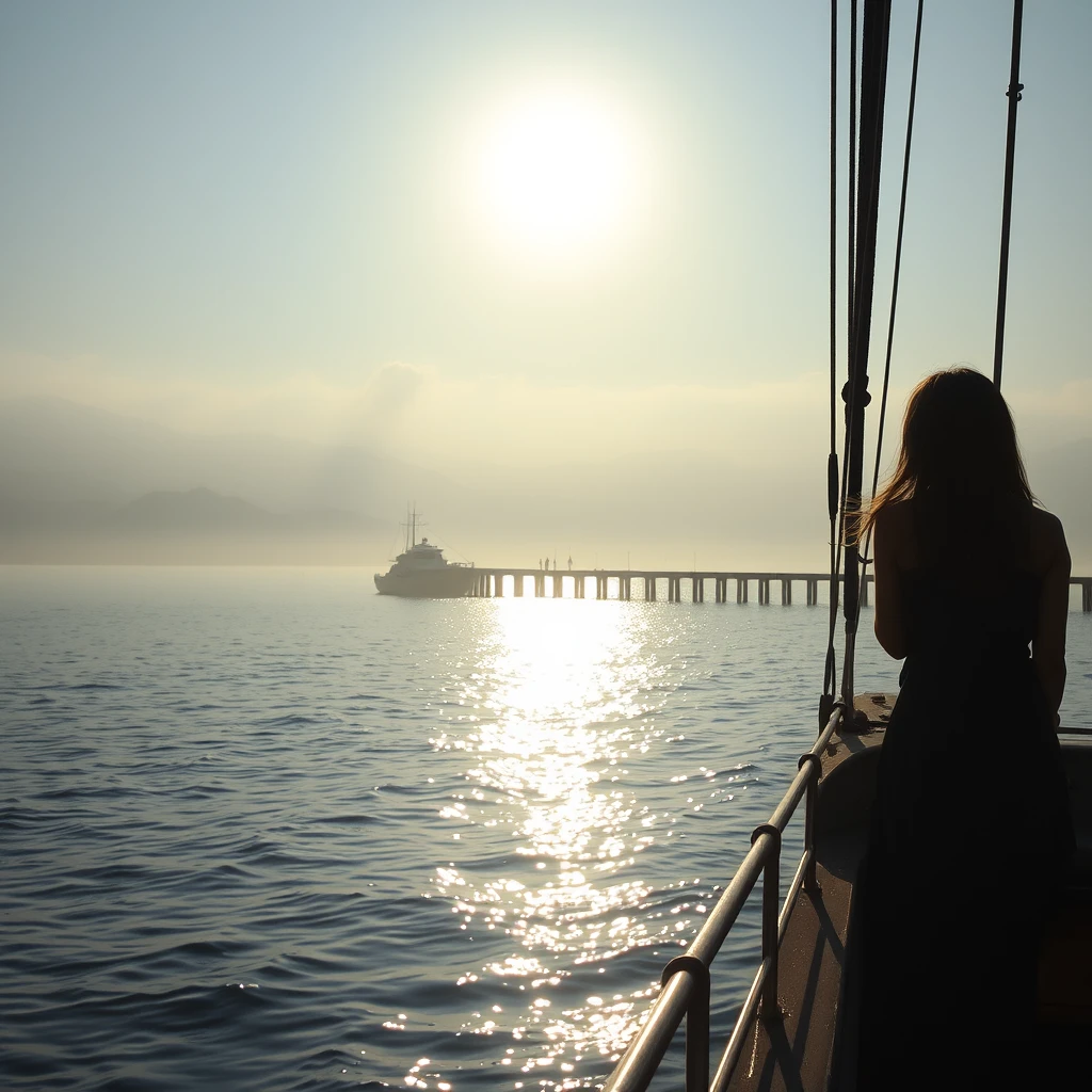 Woman at the bow of a ship, first rays of sunlight through mist, shimmering sea, pier fading in morning light, Cheung Chau Island silhouette, untouched sanctuary, serene and majestic, ethereal atmosphere, photorealistic style. Cheung Chau Island Hong Kong, high-definition.