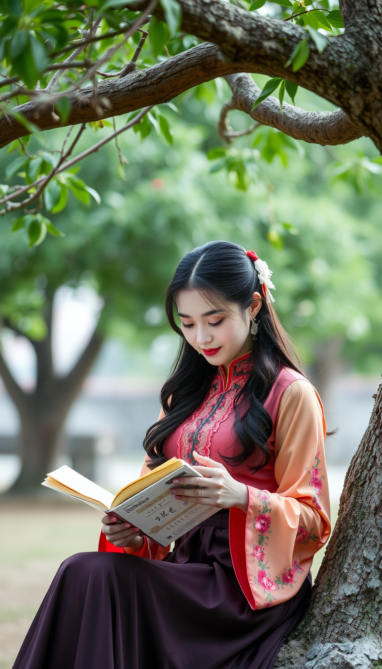 A Chinese beauty is reading a book under a tree.