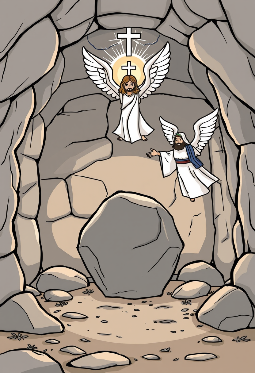 Create an image of the empty tomb with the stone rolled away, and an angel announcing the resurrection of Jesus. cartoon style, thick lines, low details, no shading.