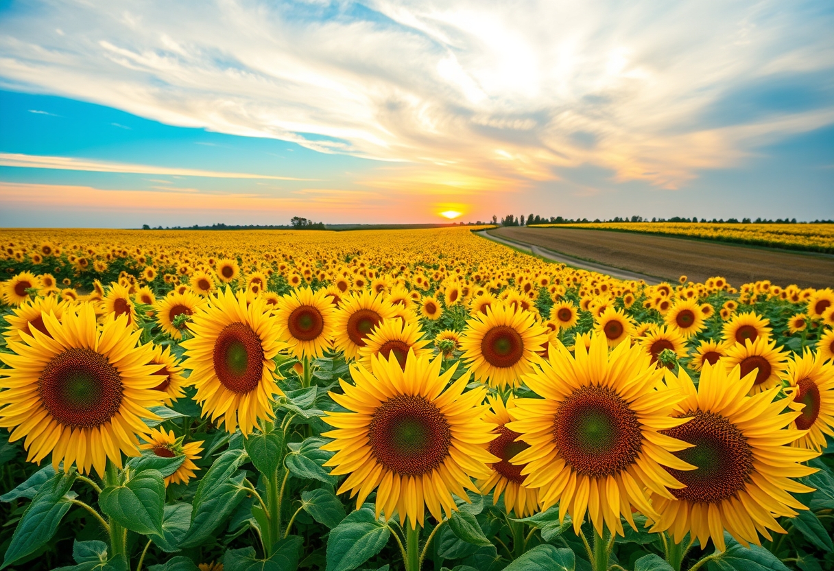 Vibrant, sunflower fields, golden blooms, high quality, photorealistic, summer, cheerful, idyllic, rural, panoramic, breathtaking, blue skies, windblown fields, sunset, floral arrangements. - Image