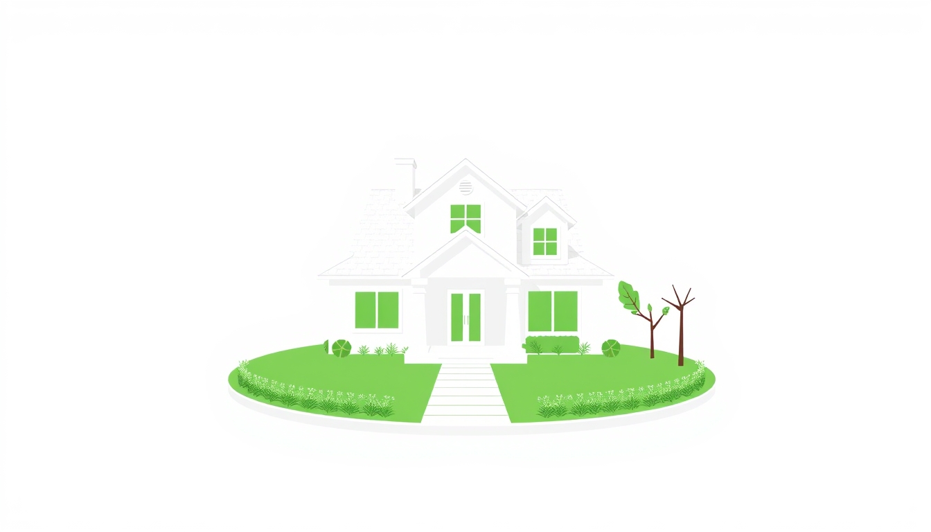 Virtual property tour illustration in white and green with VR elements.