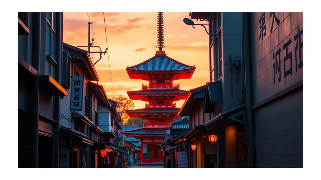 a narrow street with a pagoda in the background at sunset in kyoto, a photo, shutterstock contest winner, japanese temples, kyoto, japan travel and tourism, japan sightseeing, japanese town, japanese street