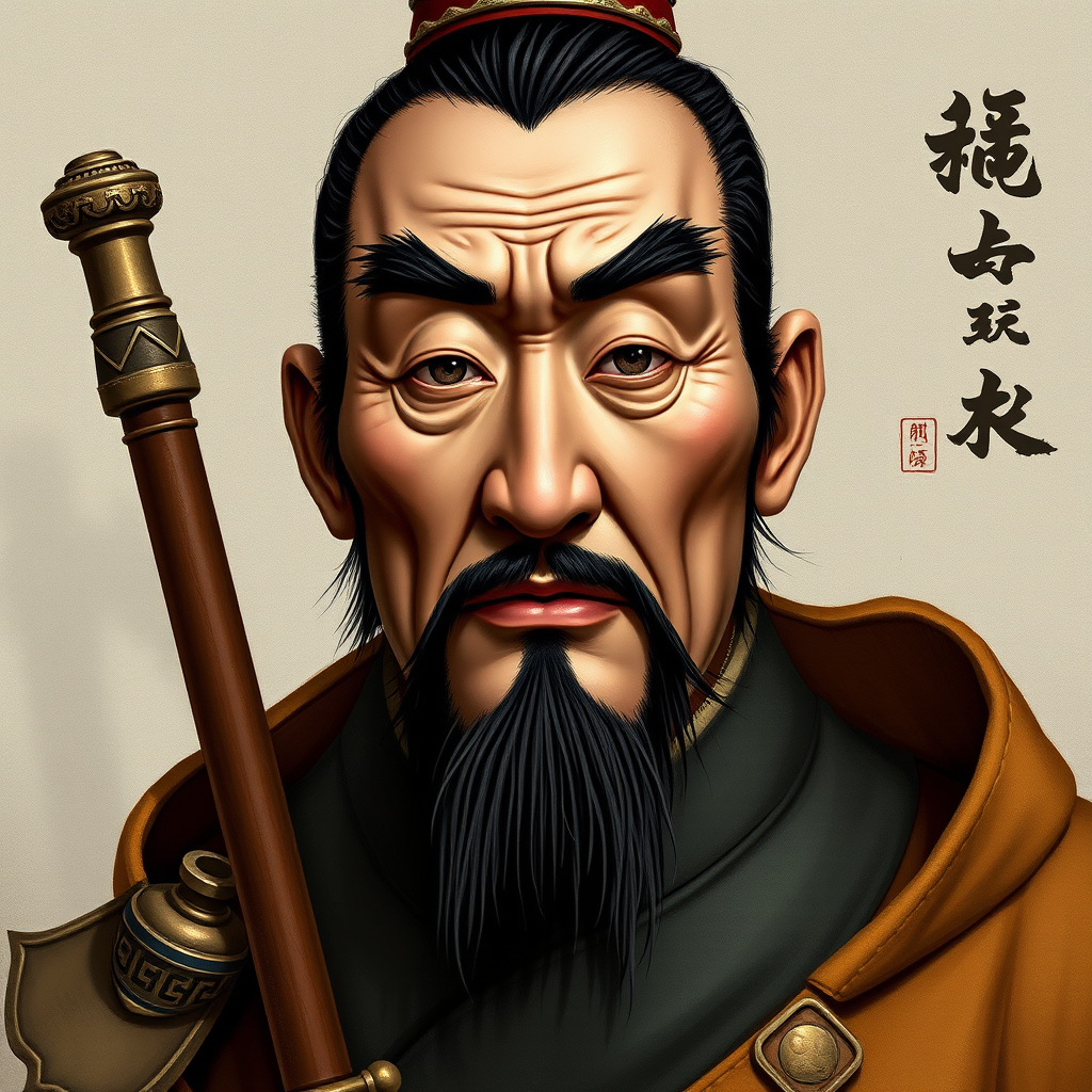 In history, Cao Cao is described as being about 1.55 meters tall, with eyebrows that are spread out, a protruding nose, and a forehead that has a slight slope. He looks somewhat cunning but also has a hint of kindness. Overall, his appearance is not exactly ugly, but rather unusual. Please express this through a realistic photograph.