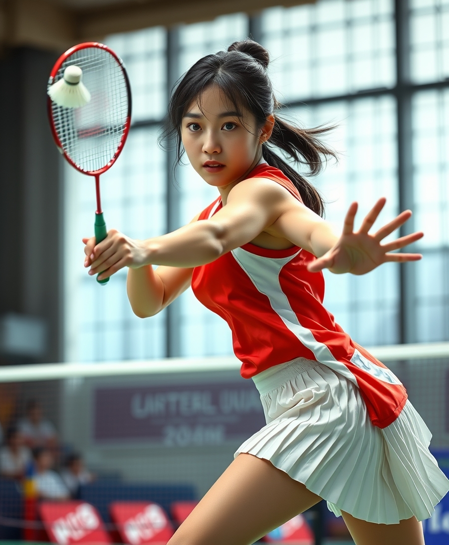 A detailed, realistic portrait of a young woman playing badminton in an indoor sports arena. The woman is wearing a bright red jersey and is mid-swing, her body in a dynamic, athletic pose as she focuses intently on the shuttlecock. The background is blurred, with glimpses of the court, net, and spectator stands visible. The lighting is natural and directional, creating shadows and highlights that accentuate the woman's features and muscular definition. The overall composition conveys a sense of energy, movement, and the intensity of the game. The image is highly detailed, with a photorealistic quality that captures the textures of the woman's clothing, skin, and the badminton equipment.

A woman with a beautiful face like a Japanese idol. She is wearing a white pleated skirt.

Badminton rackets and shuttlecocks with dynamic swings and motion blur. Depiction of the human body with a flawless personality. - Image