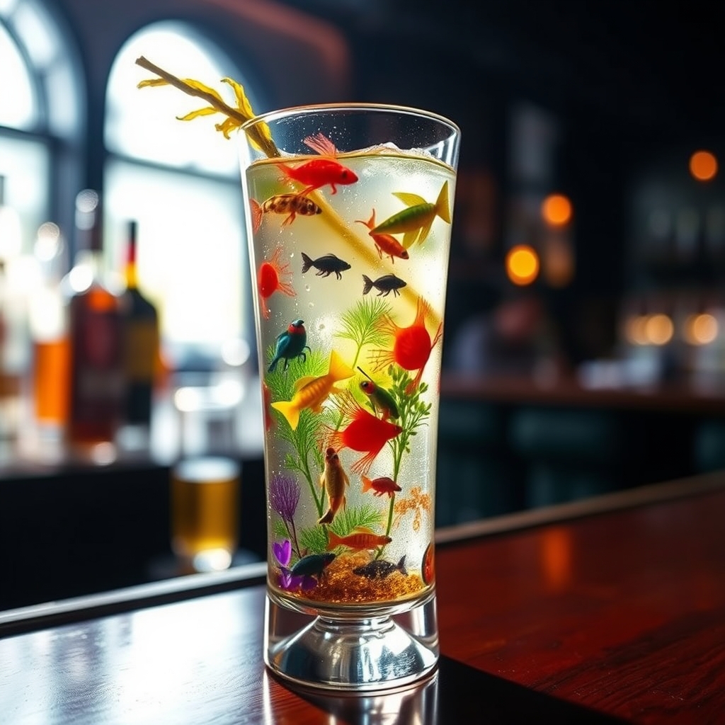 When I drink this cocktail, I feel like I am drinking a whole ecosystem. Colorful creatures swim in its tall crystal clear glass. The backlight in the pub makes them so much more interesting. - Image