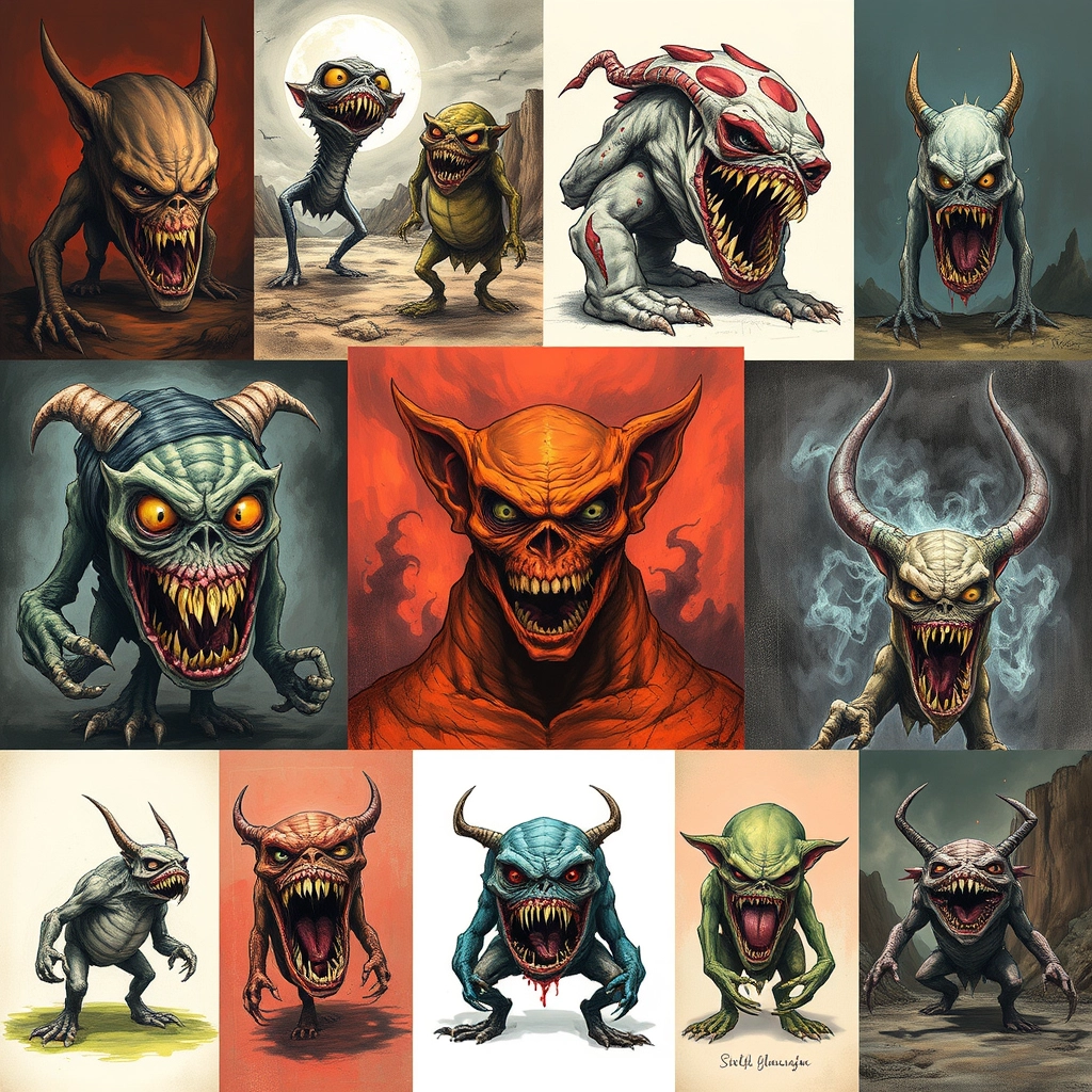 "Collage of different strange, terrible monster illustrations."