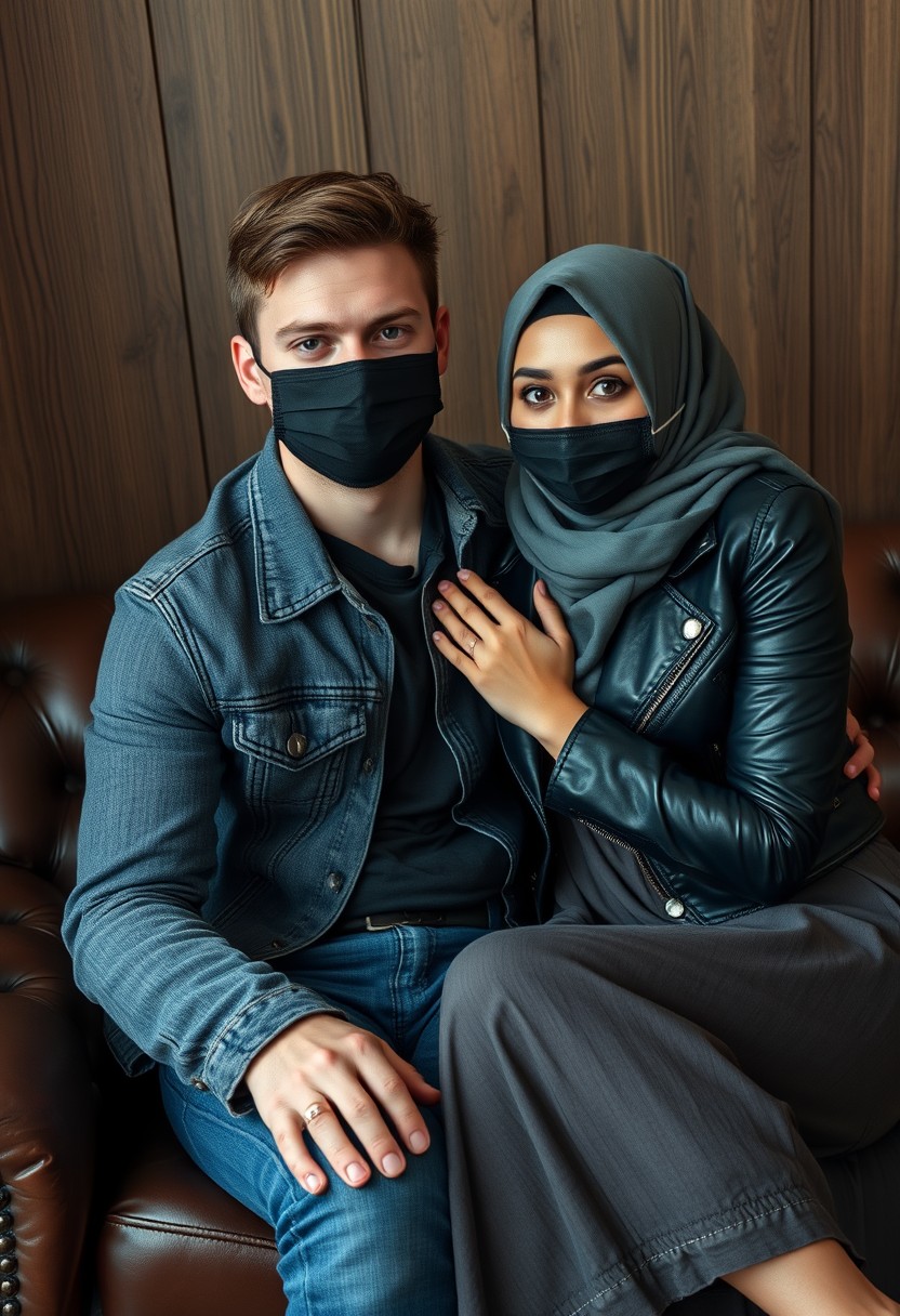 Jamie Dornan's head and body shot, handsome, black face mask, denim jacket, jeans, dating, couple, with the biggest grey hijab Muslim girl, beautiful eyes, black face mask, black leather jacket, biggest skirt, hyper-realistic, studio photography, sitting on a classic leather sofa, wooden wall, selfie.