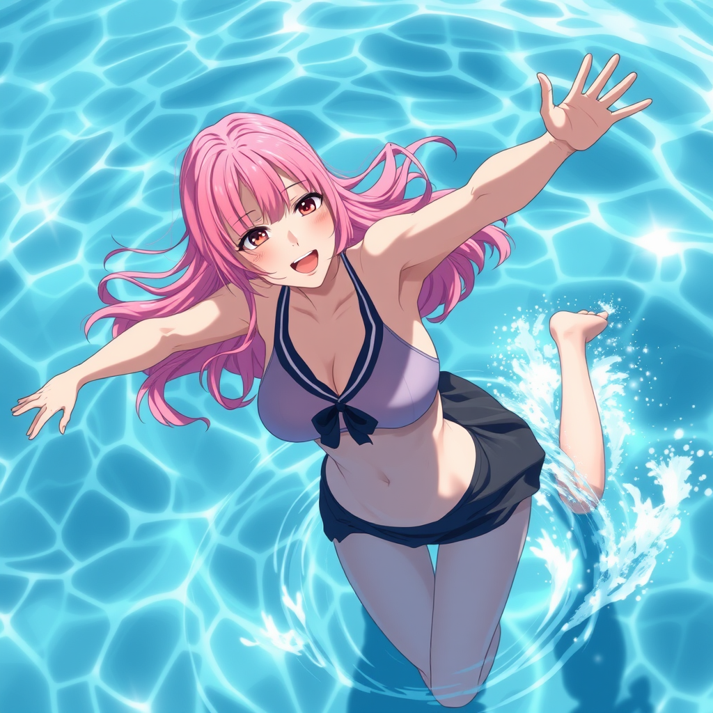 Anime art of a motherly woman, pink hair, school swimsuit, detailed scene, jumping on water, stunning details, trending on artstation, anime artwork, anime cel shading, detailed soft shadows