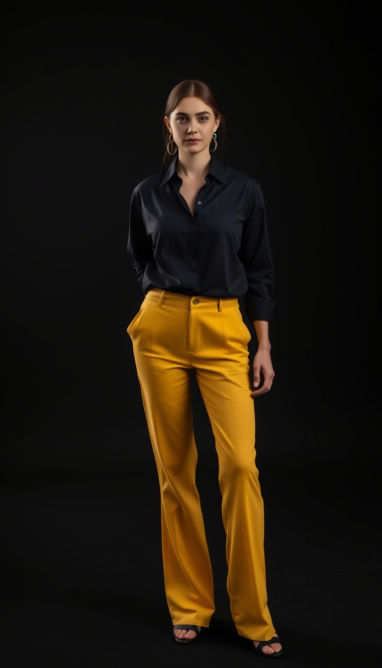 The image features a woman wearing a black shirt and yellow pants, standing in a room for a fashion magazine. The dark background helps to emphasize her outfit and create a striking contrast, adding depth and beauty.