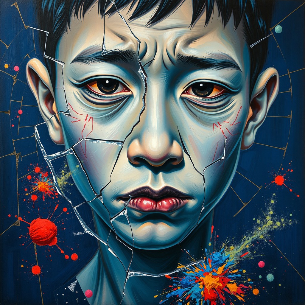 It's an oil painting in the style of Picasso, close up, an Asian boy with blue skin and a broken, twisted face, surrounded by glass breakage and gold lines on a dark blue background, colorful explosion of the spillage of powder.