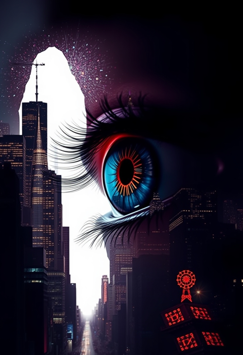 Stunning image of a woman's eye, fused with an abstract, vibrant city silhouette at night, with city lights sparkling on high-rise skyscrapers and bustling streets; iris dilated. The eye is surrounded by a strong white void that creates a striking contrast and adds depth and intensity to the overall picture, hyperrealistic, digital, structured, surreal, gloomy and mysterious. - Image