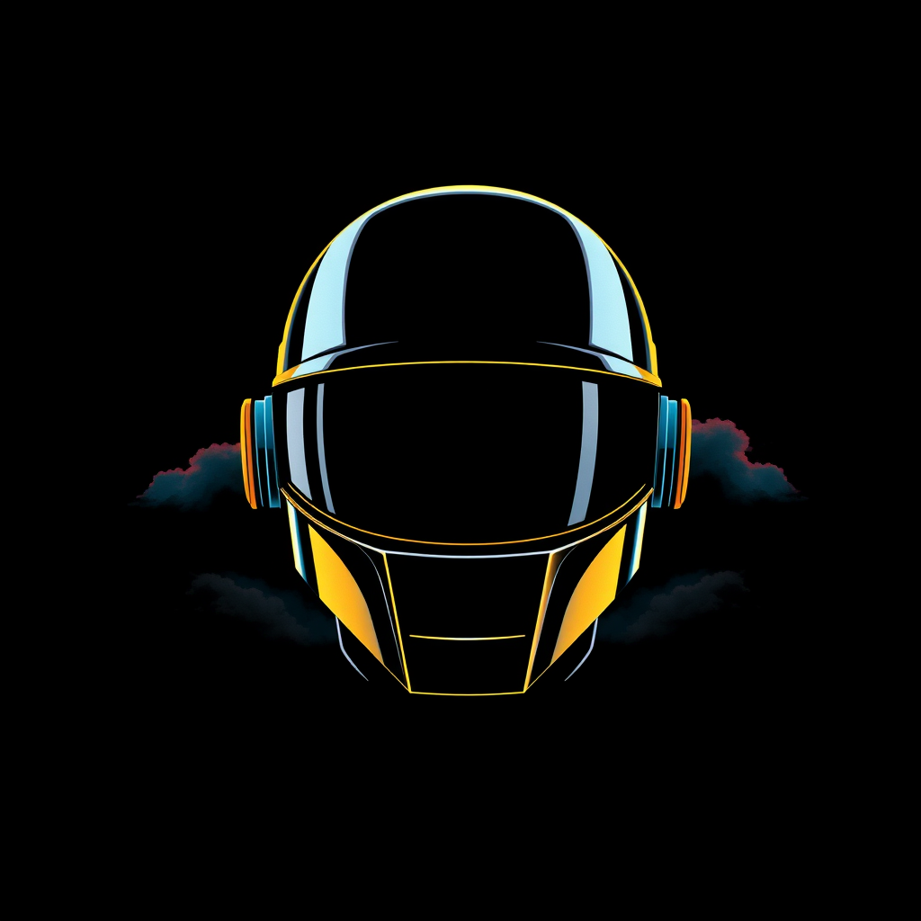 T-shirt vector Daft Punk helmet with the sun first in the background, then dark grey cloud layers after, then helmet, outrun color palette, colored album art, black canvas, dark teal, Daft Punk, sinister background, CD cover artwork, helmet.