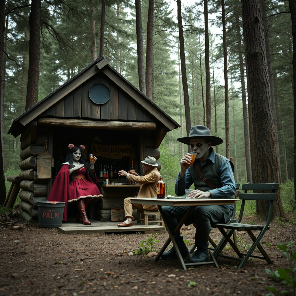 Real-life photography, wide shot: In the forest, there is a wooden cabin where a female barbarian resembling Sailor Moon is selling alcohol, and a dressed zombie comes to buy some. Next to the cabin, there are a table and two chairs, with a zombie wearing a hat sitting and drinking. - Image