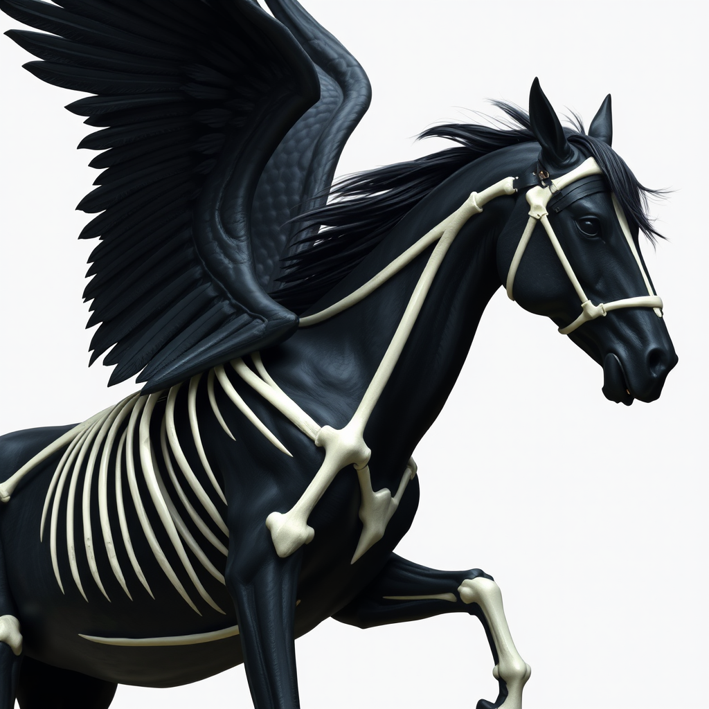 A black pegasus with exposed white bones. - Image