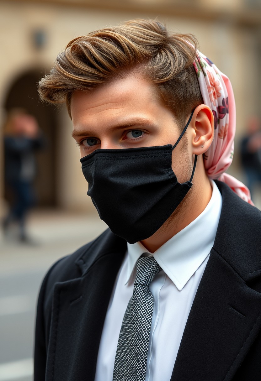 Jamie Dornan's head and body shot, handsome, young, face mask black, white shirt half buttoned, grey patterned tie, black coat suit, dating love with the biggest soft pink hijab girl, beautiful eyes, face mask black, biggest floral juba, hyper-realistic, street photography. - Image