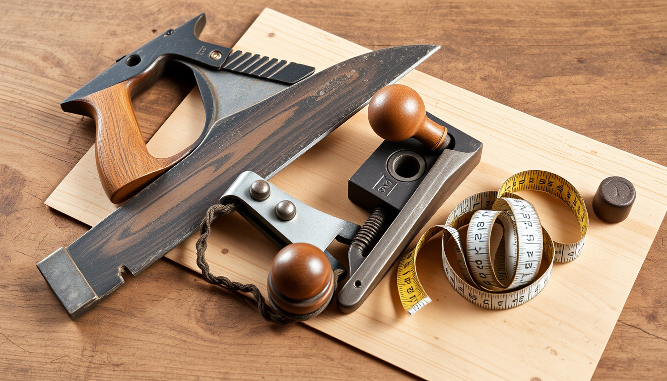 A collection of vintage woodworking tools arranged on a worn wooden workbench. A hand saw with a wooden handle rests diagonally, its blade showing signs of age. Next to it is a well-used wooden hand plane, a metal combination square with a built-in level, and a flexible measuring tape coiled loosely. The tools lie on a few sheets of thin, unfinished wood, highlighting the rustic, hands-on nature of woodworking. The warm tones of the wood and tools create a nostalgic, workshop atmosphere.