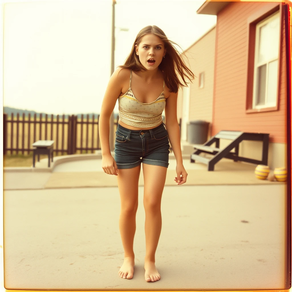 Barefoot teenage angry woman, 1970s, Polaroid