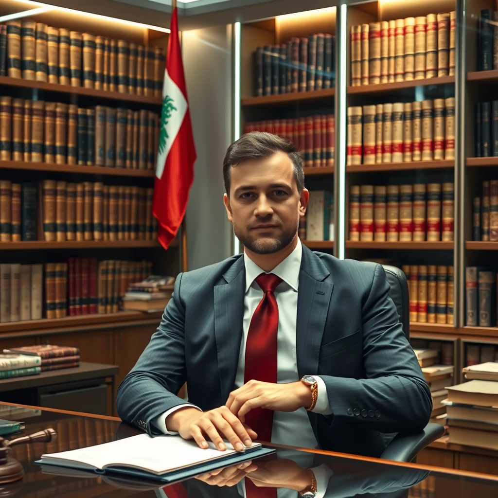 A lawyer sitting at his desk in a futuristic law firm, with a Lebanese flag on a pole behind him, and books covering the wall behind him on an old vintage bookshelf.