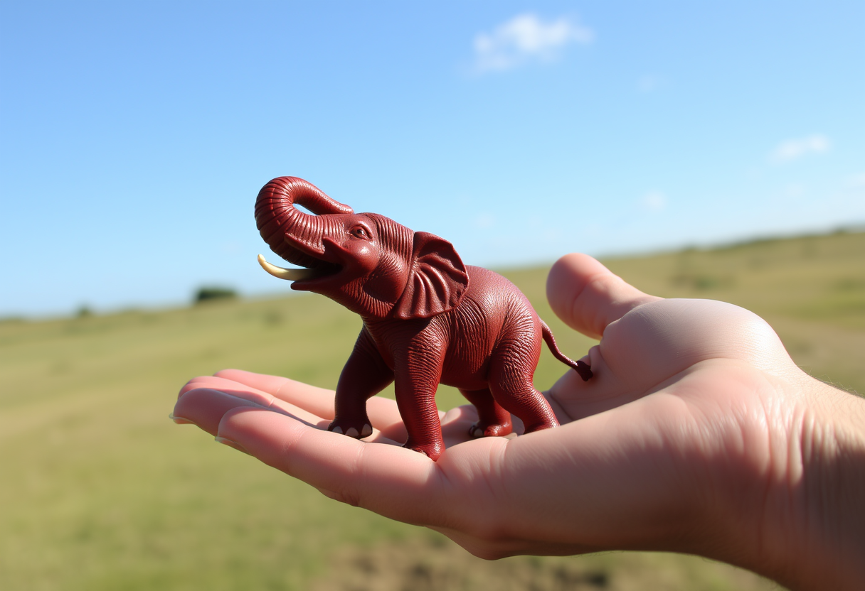 There is a real little red elephant in the palm of the hand. - Image