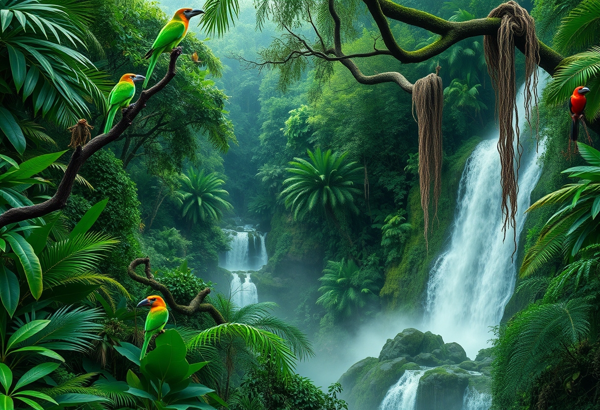 Lush, tropical rainforest, dense foliage, diverse wildlife, exotic birds, high quality, photorealistic, vibrant, breathtaking, waterfalls, misty, emerald green, ancient trees, hidden trails, untouched::0.6 monkeys, tree frogs, vibrant orchids, hanging vines, moss-covered rocks, canopies, wildlife sanctuaries.