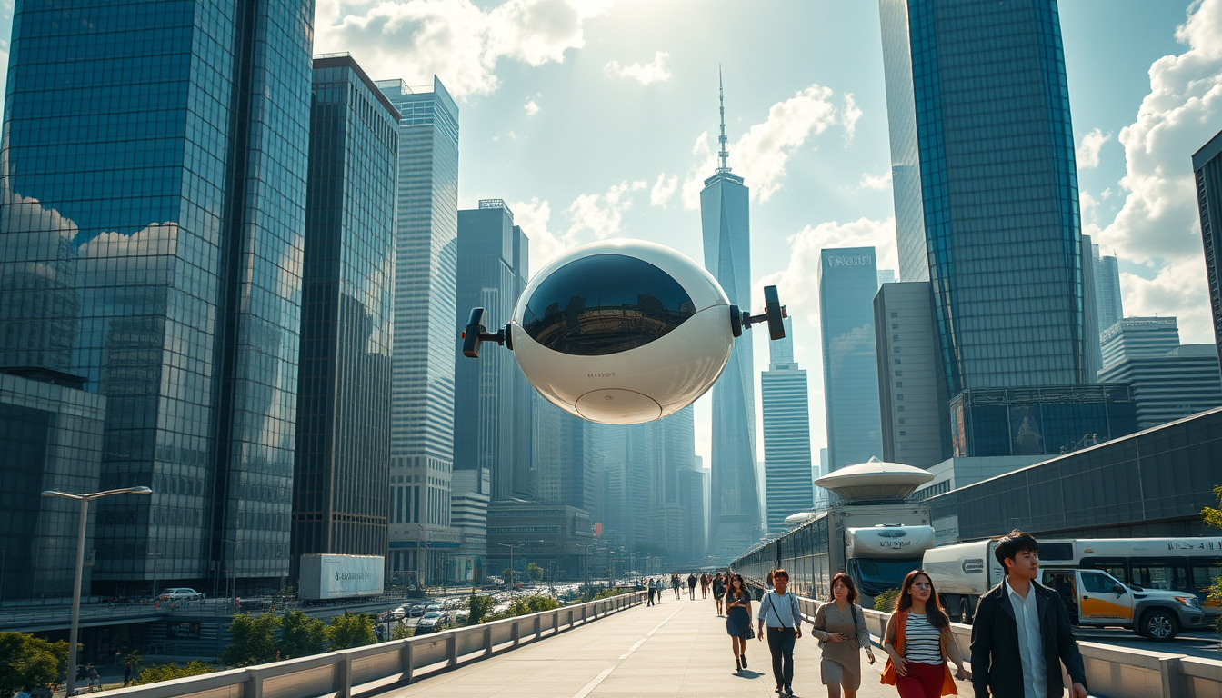 Create a stunning high-resolution image of the city of the future. The skyline should be filled with towering skyscrapers. Include a light-colored oval balloon-type robot flying rapidly through the air with tiny black balancers on either side of the balloon. There are some people walking on the street, Asian faces, wearing fashionable and avant-garde clothes, creating a laid-back and pleasant atmosphere. The visual focus of the image highlights small balloon-type robots patrolling the air for safety, very beautiful clouds, and sunlight reflecting off the glass surfaces of the buildings, creating an atmosphere of excitement and innovation. Very clear and realistic details, 32K, top view. - Image