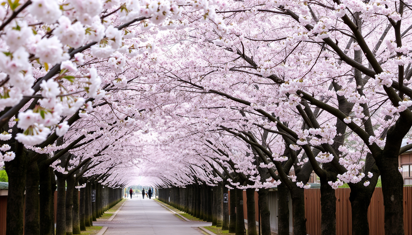 an alley with rows of cherry blossom trees on both sides