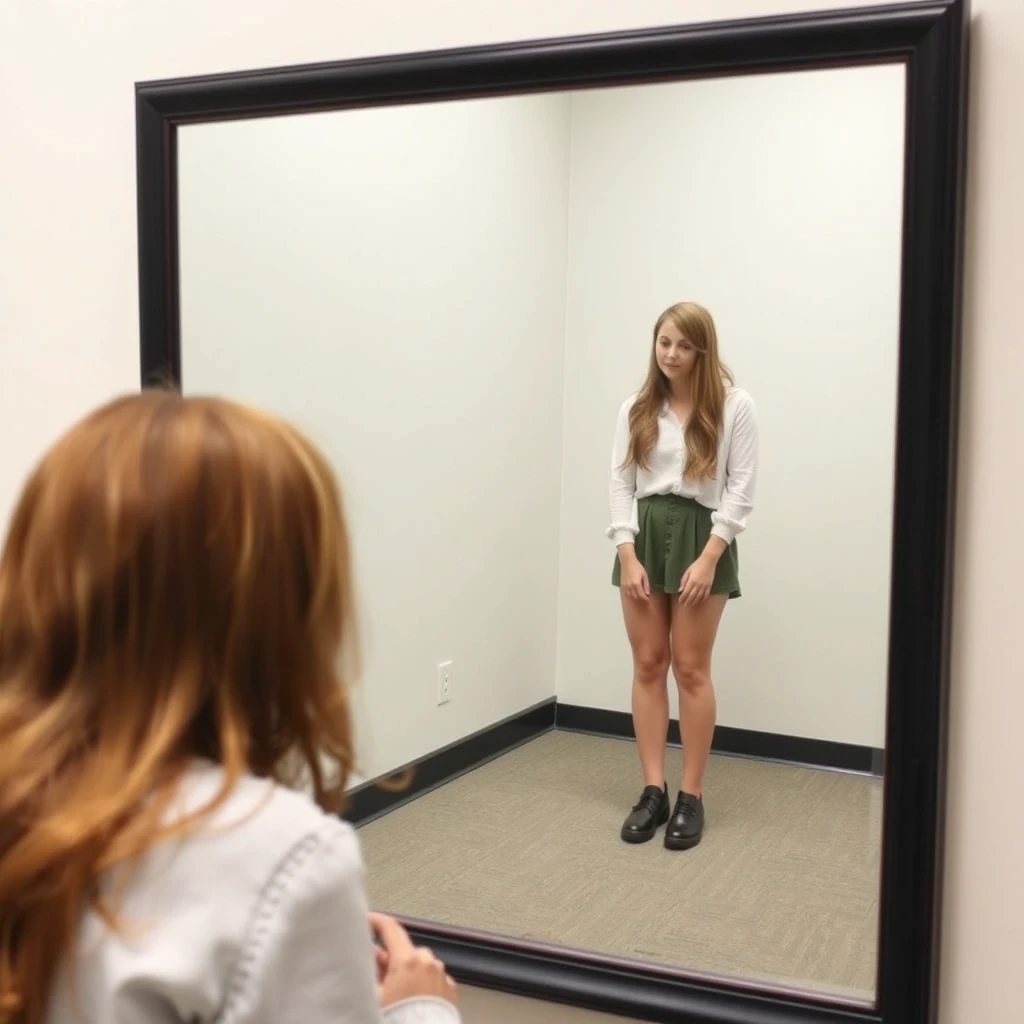 A female student is looking in the mirror. Notice that she is looking in the mirror, a full-length mirror, which allows her to see her shoes. - Image