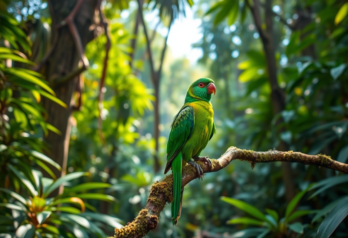 A vibrant emerald green bird with iridescent feathers, perched gracefully on a moss-covered branch in a dense, lush South American rainforest. The sunlight filters through the canopy, casting dappled light on the bird's plumage, highlighting its vibrant colors.