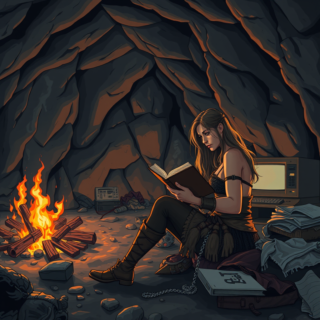 At night, in the cave, there is a female barbarian reading a book. The cave is very large, with a bonfire, a 90s desktop computer, and some messy household items. - Image