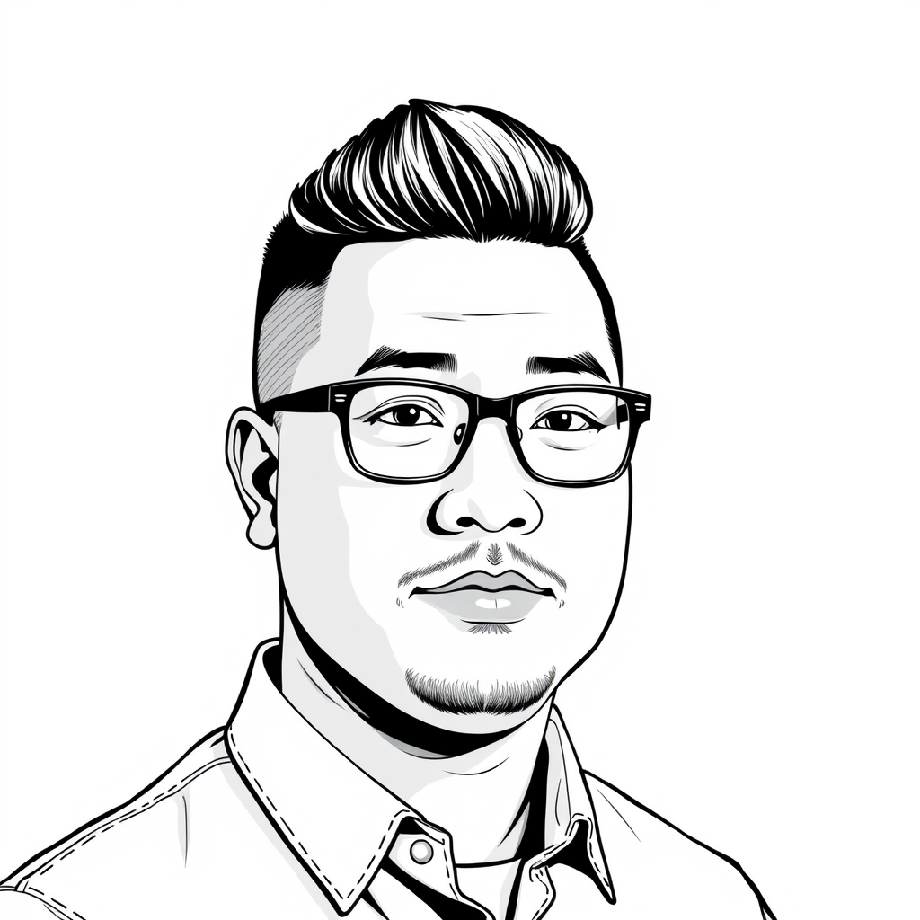 A cool black-and-white line drawing of a 35-year-old man’s head, with a crew cut, Asian, wearing black thin-framed glasses, a slightly short beard on his chin, a shirt, a full face, clean and fresh skin, and a slightly plump physique. - Image