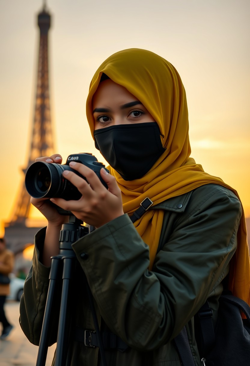 Biggest hijab yellow Muslim girl, beautiful eyes, face mask black, green army leather jacket pattern, biggest skirt, camera dslr canon, tripod, taking photos of eiffel tower, sunrise, morning scenery, hyper realistic, street photography. - Image