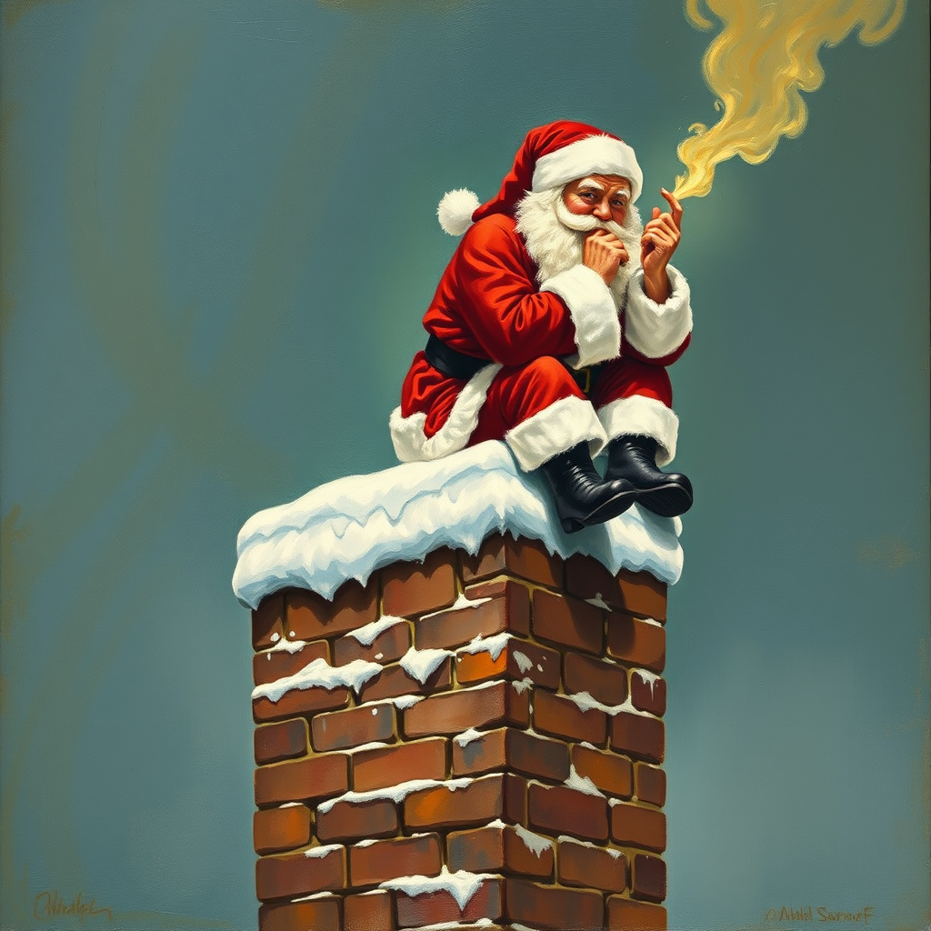 Santa sitting on top of a chimney, straining, a painting by Authur Sarnoff.