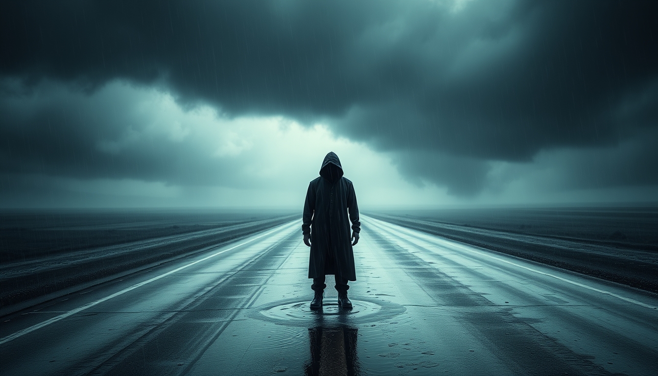 A lone, hooded figure stands motionless in the middle of a deserted, rain-soaked road, his face shrouded in an impenetrable, pitch-black shadow, water dripping from his hood and pooling around his feet, the surrounding atmosphere heavy with a sense of desolation and sorrow, dark, foreboding clouds looming in the background, misty rain veiling the distant landscape, moody, cinematic lighting, Nikon D850. - Image