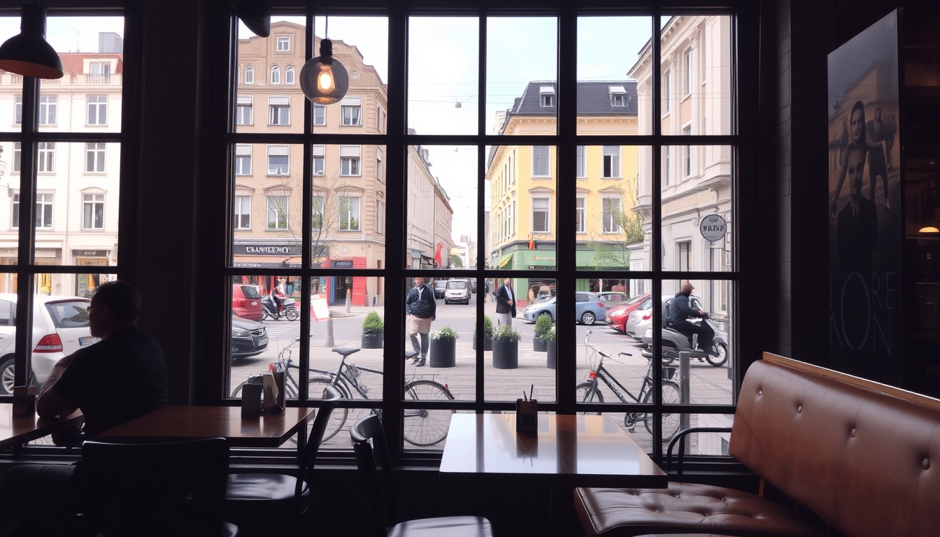 A cozy café with glass walls, offering a panoramic view of a bustling street.