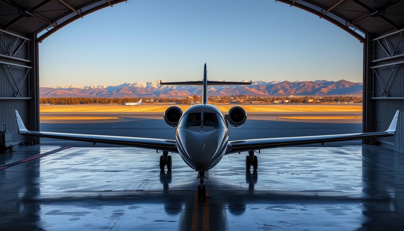 Private jet parked inside a hangar with a view of the runway and mountains in the distance.