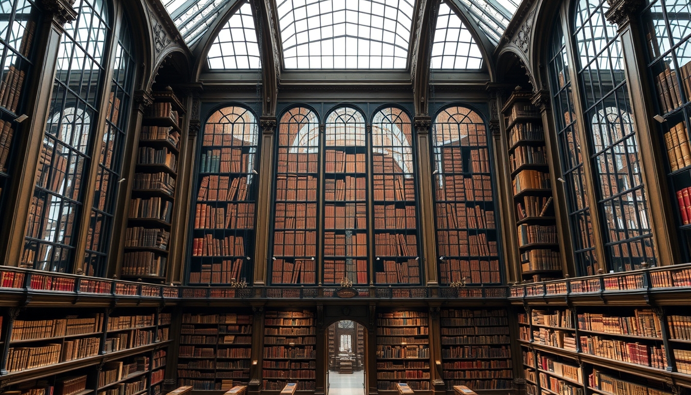 A grand library with tall glass windows and shelves filled with ancient books. - Image