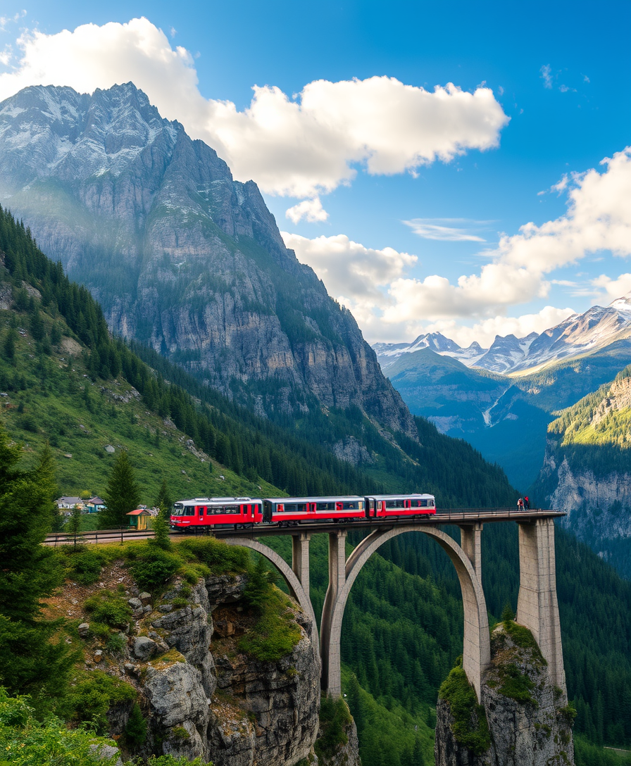 a stunningly beautiful mountain landscape with a bridge over which a train is moving