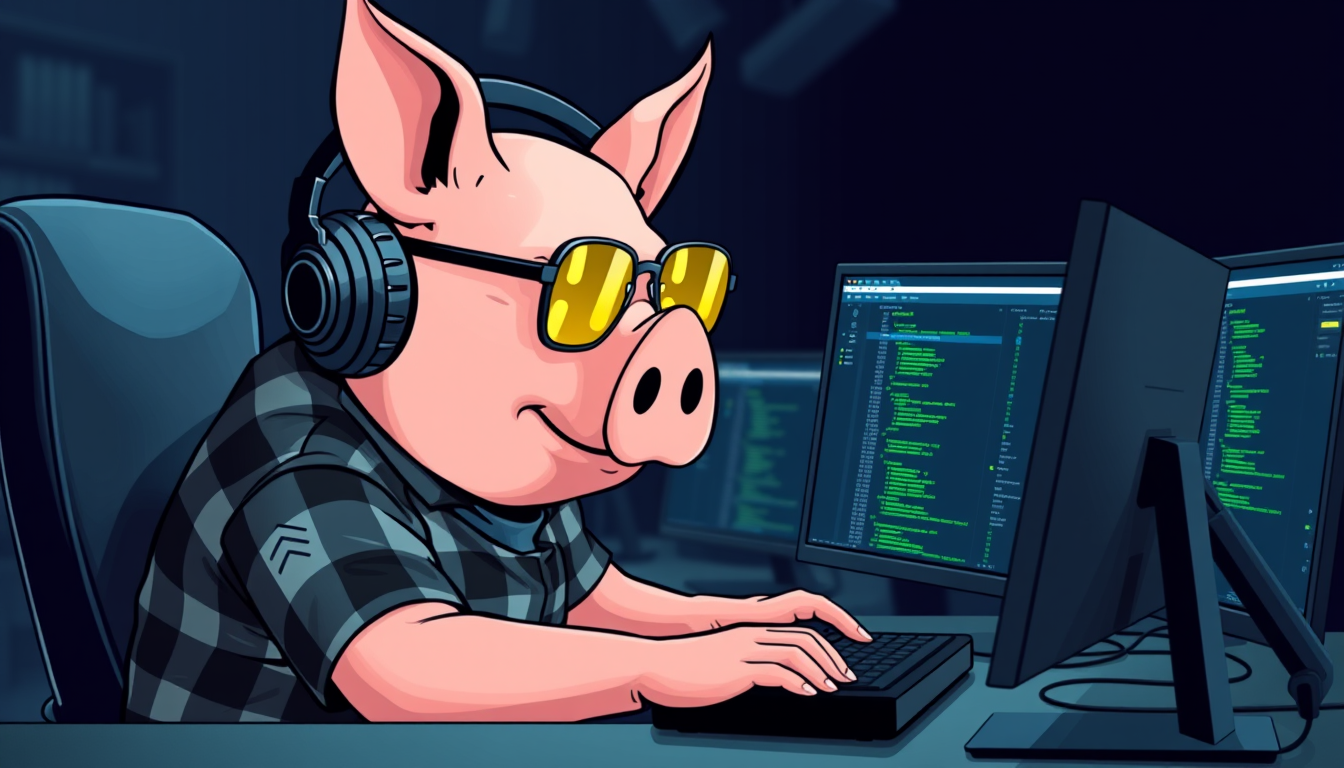 A tech-savvy pig coder, wearing yellow-tinted glasses and sleek noise-cancelling headphones, hunches over a cutting-edge multi-monitor setup. The anthropomorphic pig exudes focus, typing furiously. Dressed in a plaid t-shirt.